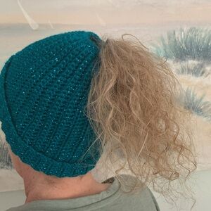 #5- MESSY Bun-Ponytail Beanie Hand Crocheted Green Sparkle